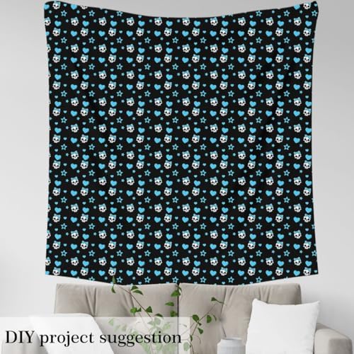 Cute Skull Fabric by The Yard,Hearts Stars Bowknot Indoor Fabric,Halloween Theme Skeleton Soft Polyester No Stretch Fabrics Kids Girls Sewing Lovers,Black Blue 1 Yard 36"x59"