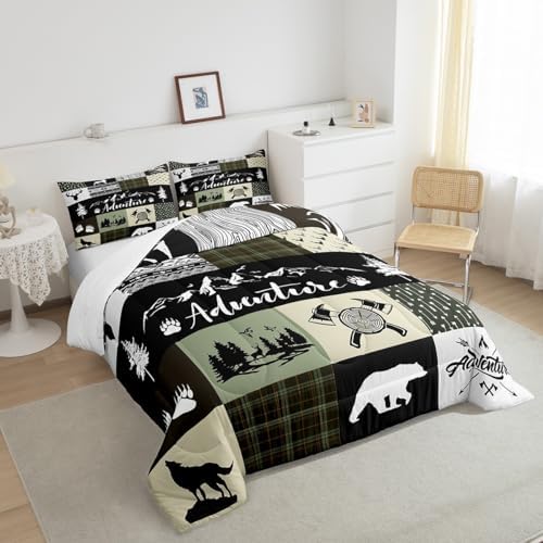 Castle Fairy Rustic Farmhouse Comforter Set Queen Size,Bear Deer Wolf Wild Animals Patchwork Bedding Set for Women Adult,Cabin Decor Exotic Aztec Boho Luxury Bed Duvet Insert, 2 Pillowcases