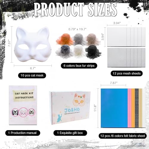 J6&H6 41 Pcs DIY Therian Mask Kit with Exclusive Ghost Stickers, Blank Cat Mask,Fabric Sheet, Faux Fur and Eye Mesh Suitable for Christmas Ghost Role-Playing Parties(Mised)