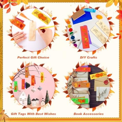 200 Pcs Fall Wood Bookmarks to Color Bulk, Color Your Own with Tassels