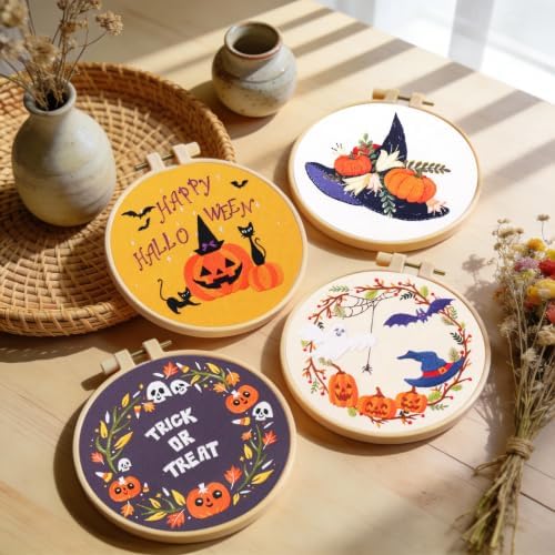 Santune 4-Pack Halloween Embroidery Kit Cross Stitch Kits for Beginners DIY Needlepoint Kit with 4 Embroidery Clothes Featuring Pumpkin Patterns,2 Hoops,Color Threads,Needles