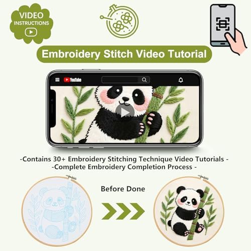 Santune Beginners Embroidery Kit for Adult Needlepoint Cross Stitch Kits Needle Point Sets with Panda Embroidery Patterns, Includes Step-By-Step Instructions and Accessories