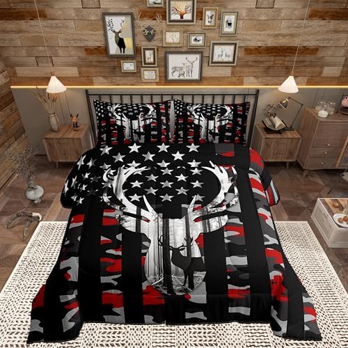 American Flag Queen Comforter Set,Red Camouflage Grey Antlers and Leaves Down Comforter for Man Adult,Camo Hunting Deer Animal Camping Bedding Set Stars Stripes USA Flag Quilt,Farmhouse Style