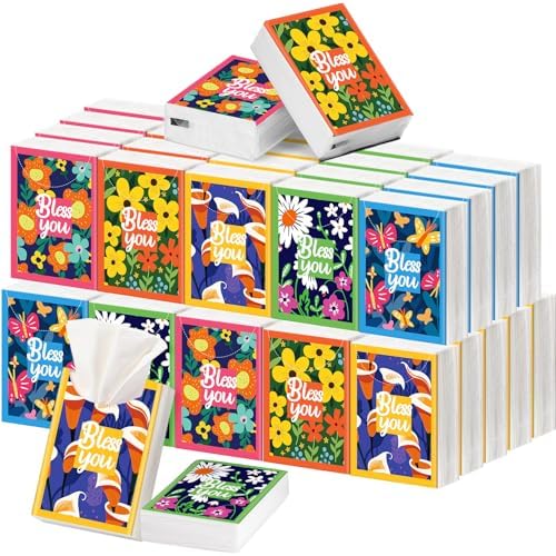 Outus 50 Pac Floral Bless You Pocket Tissues Travel Size, 3 Ply Small Unscented Facial Tissues Packs, Soft & Gentle Purse Tissue for Travel, Wedding, Back to School Supplies, 400 Sheets Total