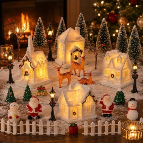 38 PCS Christmas Village Sets Christmas Figurine Village Houses Accessories White Winter Miniature Town Snow Scene Tabletop Decor with Santa Snowman Deer Street Light Pine Trees for Xmas Home Decor