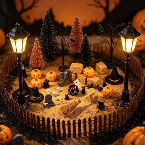 39 PCS Halloween Village Miniature Decorations Mini Halloween Figurines Tiny Resin Spooky Miniature Include Trees Tombstones Pumpkins Ghosts Witch Hats Ravens Fence for Table Haunted House Party Decor