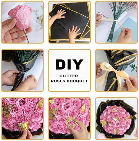 36 Pack Glitter Roses Bouquet Pink - DIY Artificial Rose Bouquet Fake Glitter Flowers with Stems Eternal Floral for Elegance Wedding Bouquet Anniversary Birthday Graduations Valentine's Day Love Gift