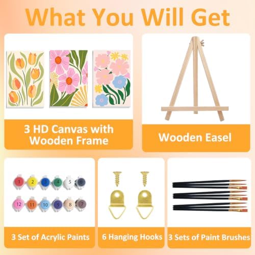 Mandun 3 Pack Paint by Numbers Kit for Adults with Frame, Easy Flower Paint by Numbers, Adult Gift Craft Kits 7.8x11.8 Inch with Frame and Easel