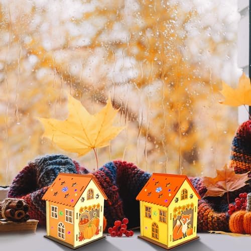 Fennoral 14 Pack Wooden Fall House Craft for Kids Make You Own Fall Animals House DIY Paint Fall Art and Craft for Autumn Art Projiect Thanksgiving Party Decoration