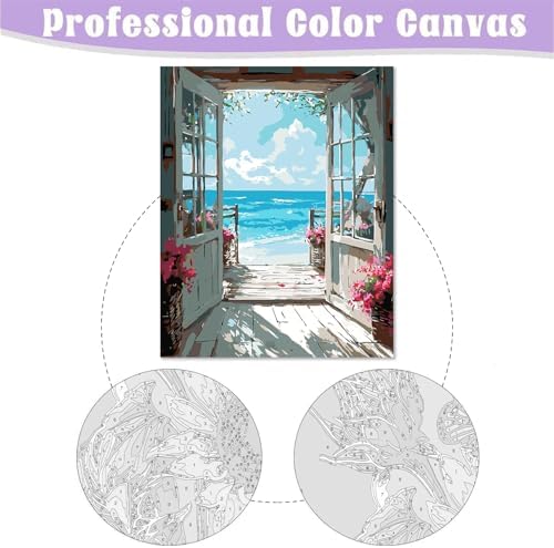 DIY Scenery Paint by Numbers Kit for Adults with Framed Canvas,Landscape Beach Digital Oil Painting Kit for Beginners,Acrylic Paint by Number Kits with Wooden Easel for Holiday Gifts 12X16 Inch.