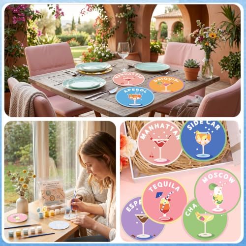 8 Pack Cocktail Paint by Numbers Kits Coasters with Holder Cork Pads