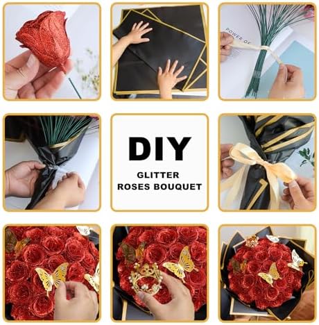 CCYXSHOW DIY Glitter Roses Bouquet Red - Artificial Rose Bouquet Kit Shiny Fake Eternal Floral Bouquets for Graduation Wedding Anniversary Birthday Gifts for Mother - 24 Pack