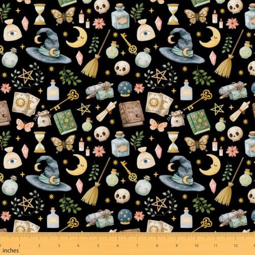 Halloween Gothic Fabric by The Yard Exotic Sun Moon Skull No Stretch Fabric for Sewing Supplies Cartoon Butterfly Book Plants Soft Polyester for Home DIY Projects 3 Yards Whole Piece,108" L x 59" W