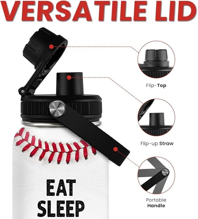 Baseball Water Bottle 32 Oz - Insulated Stainless Steel Sport Bottles with Lid - Baseball Men Players Fan Coach