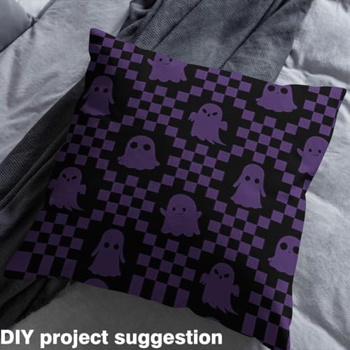 Feelyou Happy Halloween Soft Flannel Fabric by The Yard Kids 1 Yard Cute Checkered Ghost Upholstery Fabric Black Purple Checkerboard Plaid Trick or Treat for Home DIY Projects, Indoor Decor