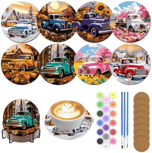 8 Pack All Season Paint by Numbers Kits Coasters with Holder Cork Pads