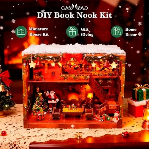 DIY Miniature House, LED Lighting Book Nook Kit Dollhouse Kit,Music Box Dollhouse, 3D Wooden Puzzle with Dust Cover,Gifts for Family, Friends,Christmas(Christmas Carnival)