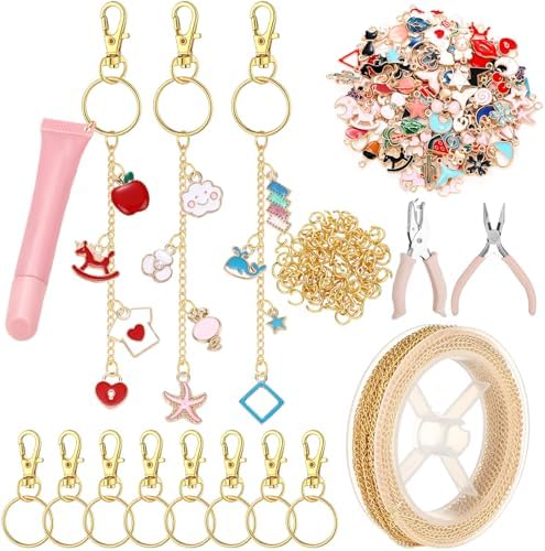 VioraWhite 213 Pcs Keychain Making Kit Bag Charm Kit Stylish Lip Gloss Keychain Making 100 Pink Enamel Charms 32.81 ft Gold Chains for DIY Crafts Women