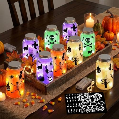 FoldTier 8 Pack DIY Halloween Mason Jar Craft Kit Set, Plastic Lantern Jar