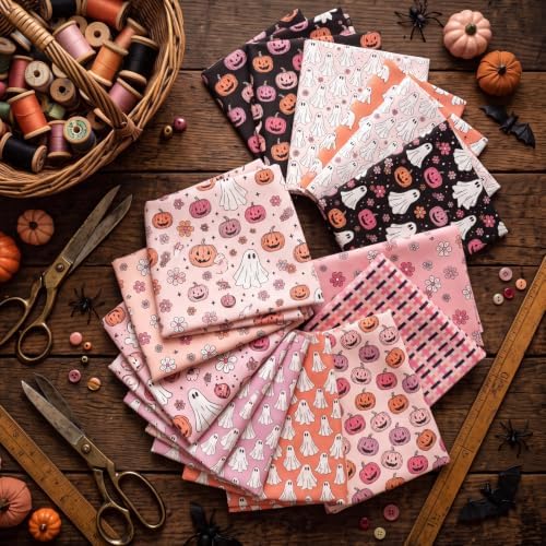 Hahafelt 10 Pcs 18"x22" Pink Halloween Fat Quarter Cute Ghost Fabric Bundle