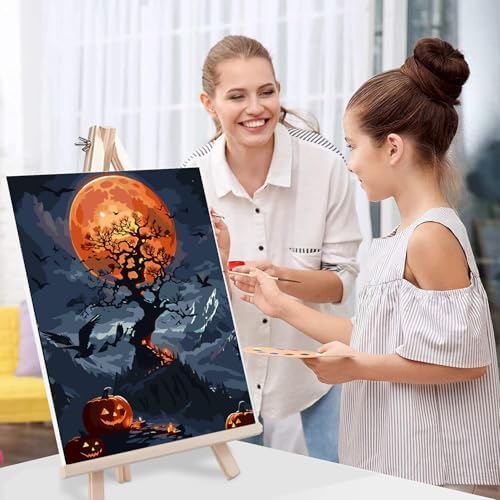 Halloween Paint by Numbers for Adults with Framed Canvas-with Wooden Easel,Paint by Numbers Kits Framed Canvas,DIY Acrylic Oil Painting Kits with Brushes Nice Gift Box for Home Wall Decor(12x16 Inch)