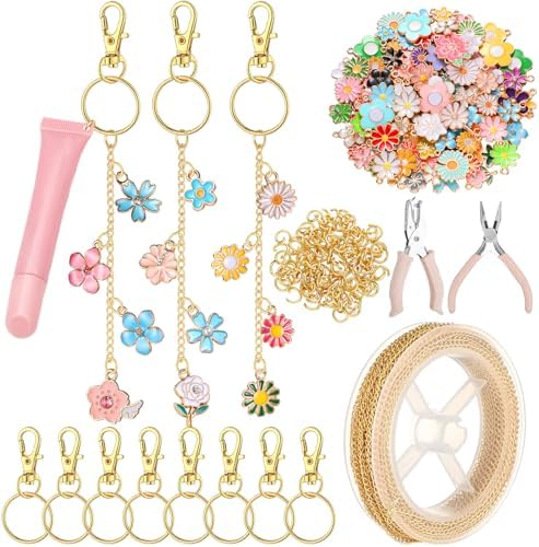 VioraWhite 213 Pcs Floral Keychain Making Kit Bag Charm Kit Lip Gloss Keychain 100 Pink Enamel Charms 32.81 ft Gold Chains for DIY Crafts Women