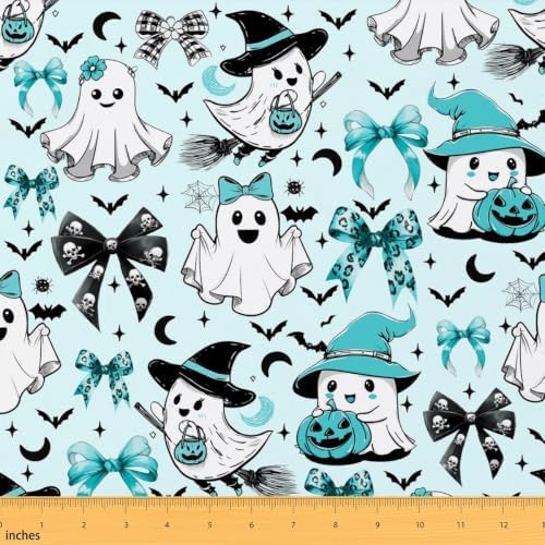 Halloween Ghost Decorations Bow Upholstery Fabric for Chairs | Halloween Bats Outdoor Fabric by The Yard 181"x63", Gothic Pumpkin Lantern Moon Spooky Spider Web Sugar Skull Waterproof Fabric,Teal