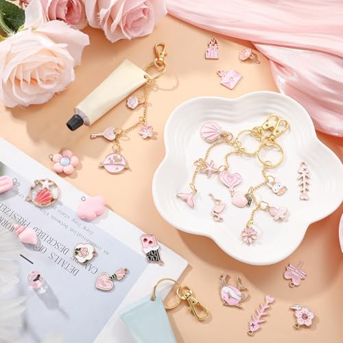 VioraWhite 213 Pcs Keychain Making Kit Bag Charm Kit Lip Gloss Key Chain 100 Pink Enamel Charms 32.81 ft Gold Chains for Galentines DIY Crafts Women(Elegant)
