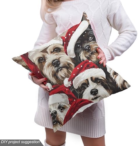 Lunarable Christmas Fabric by The Yard, Illustration Print Whimsical Happy Dogs and Puppies with Santa's Hat, Decorative Fabric for Upholstery and Home Accents, 1 Yard, Ruby Black and Brown