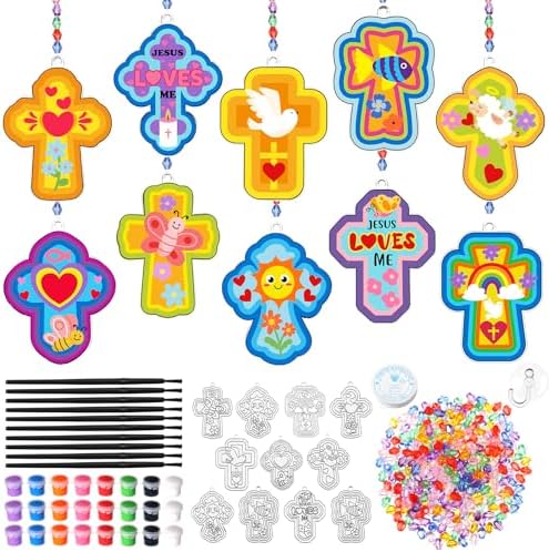 Dunzoom 30 Set Christian Cross Craft Kit - DIY Sun Catchers for Sunday School, Church, Home Decor, Stained Glass Style Cross Decorations, Religious Craft Supplies