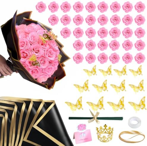 36 Pack Glitter Roses Bouquet Kit - DIY Fake Shiny Flowers with Stems Butterfly Crown Eternal Floral for Graduation Handmade Wedding Bouquet Anniversary Birthday Gift - Light Pink