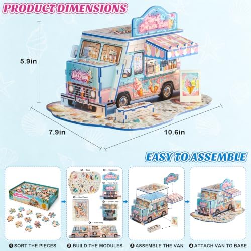 3D Puzzle for Adults, Ice Cream Van Miniature Model Kit with 277 Pieces, DIY Building Craft Kit, Colorful Summer Beach Decoration Display, Home Decor Gift for Teens Family & Friends