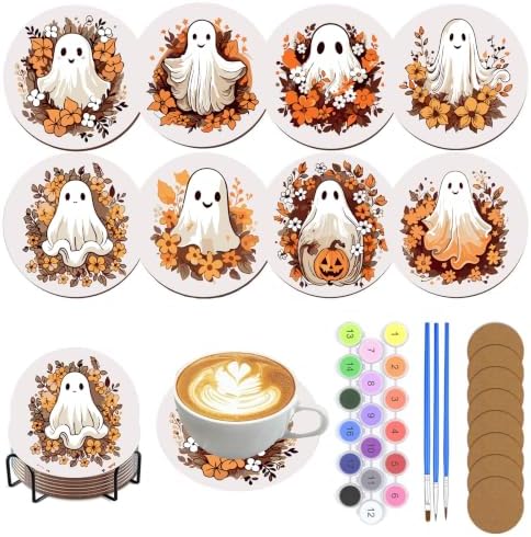 8 Pack Halloween Paint by Numbers Kits Coasters with Holder Cork Pads