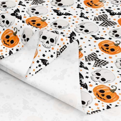 Halloween Pumpkin Fabric by The Yard Cartoon Human Skull Bat No Stretch Fabric for Sewing Supplies Gingham Bow Stars Decor Soft Polyester for Home DIY Projects 10 Yards Whole Piece,360" Lx59 W