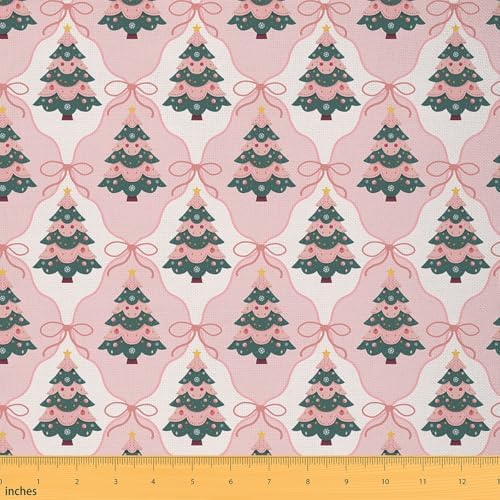 JEJELOIU Christmas Tree Fabric by The Yard Xmas Theme Upholstery Fabric for Sewing Crafting Pink Grid Waterproof Indoor Outdoor Decor for Home DIY Projects 10 Yards