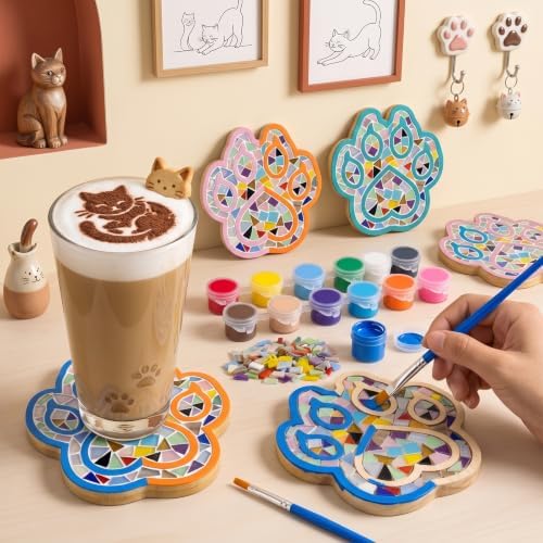 luperasol 6PCS DIY Cat Paw Mosaic Tiles, Mixed Color Mosaic Coaster Kit