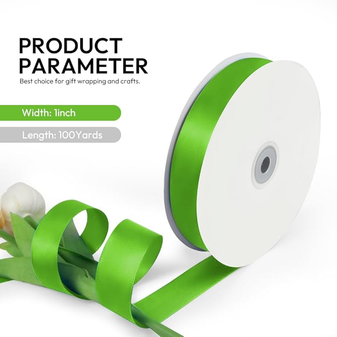 1 Inch 100 Yards Satin Ribbon Apple Green, Solid Color Fabric Ribbon - Image 2