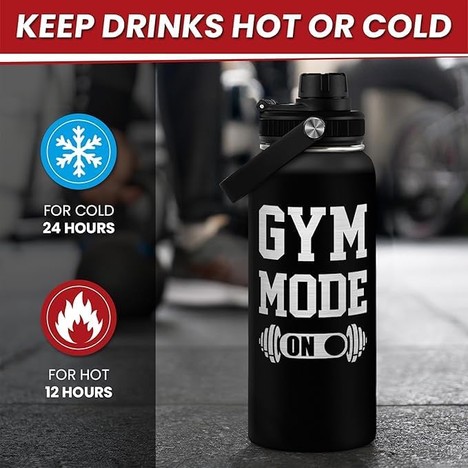 Gym Insulated Engraved Stainless Steel Water Bottle 32oz, Vacuum Chug Lid Travel Tumbler For Men Friends Dad Gymer Trainer, Gym Mode on, Birthday Christmas Father's Day