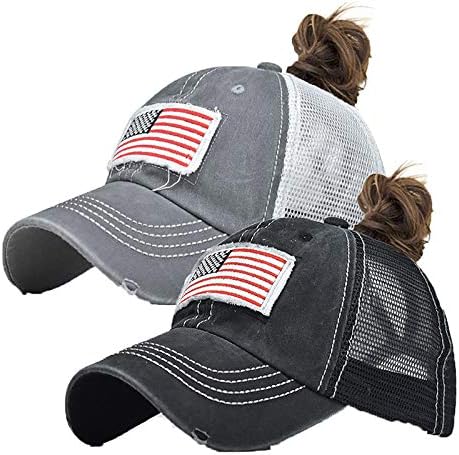 Distressed Ponytail Hat for Women American-Flag Pony Tail Caps High Bun