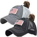 Distressed Ponytail Hat for Women American-Flag Pony Tail Caps High Bun