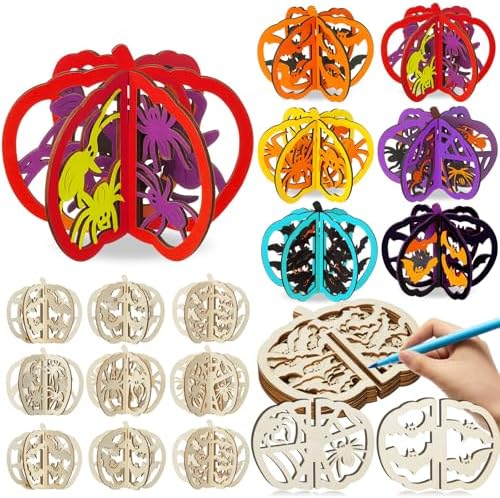 Yalikop 72 Pcs Halloween Kids Wood Crafts, 4.7 x 4 in, Bats and Spiders