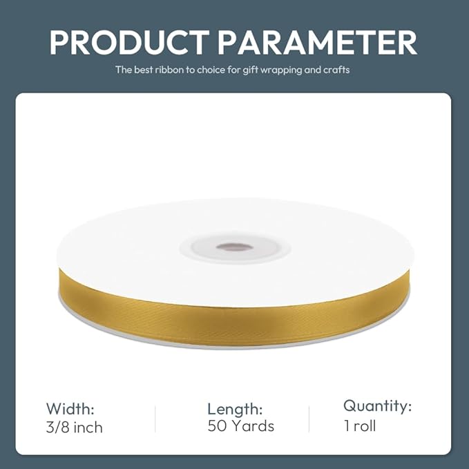 KMER LIFE 3/8" Wide x 50 Yards Golden Single Faced Polyester Satin Ribbon - Image 2