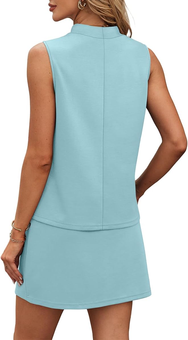 XIEERDUO Two Piece Skirt Sets for Women Summer Beach Vacation Resort Cruise Outfits Mock Neck Tops Tennis Skirt Sets