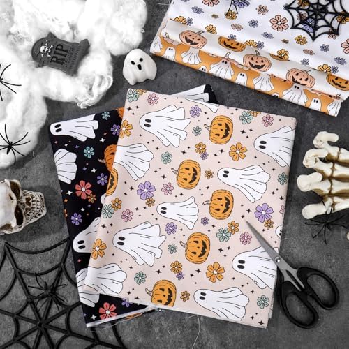 JarThenaAMCS 12Pcs Halloween Cotton Fabric Bundles Pumpkin Ghost Flower Fat Quarters Purple Black Pink Orange Quilting Patchwork for DIY Sewing Craft Decor, 18 x 22 Inch