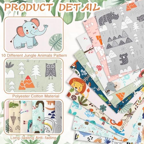 Hahafelt 10 Pcs Jungle Animals Quilting Fabric Bundles 20 x 20 Inch