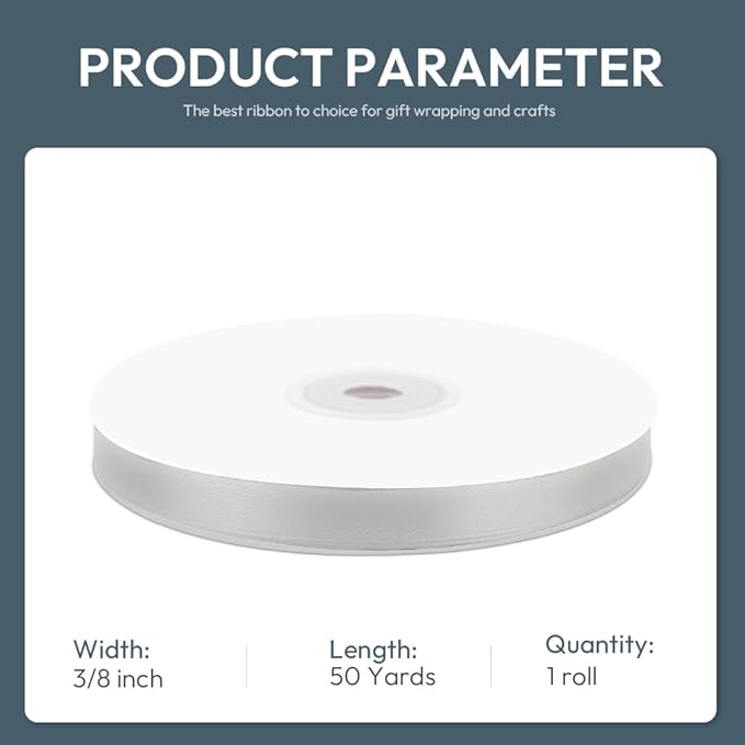 KMER LIFE 3/8" Wide x 50 Yards Silvery Polyester Satin Ribbon, Gift Wrapping & - Image 2