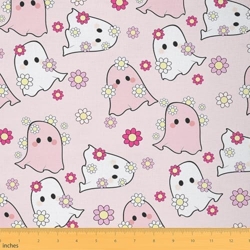 Jejeloiu Happy Halloween Fabric by The Yard Kawaii Ghost Printed Upholstery Fabric Pink Ghost Floral Waterproof Indoor Outdoor Decor for DIY Sewing Craft Projects 5 Yards