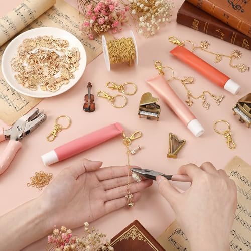 VioraWhite 213 Pcs Gold Keychain Making Kit Summer Bag Charm Kit Lip Gloss Keychain 100 Enamel Charms 32.81 ft Gold Chains for DIY Crafts Women