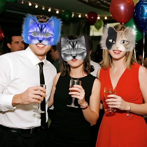 J6&H6 22 Pcs DIY Therian Mask Kit with Exclusive Funny Stickers, Blank Cat Mask,Felt Fabric Sheet, Faux Fur and Eye Mesh Suitable for Christmas Role-Playing Parties