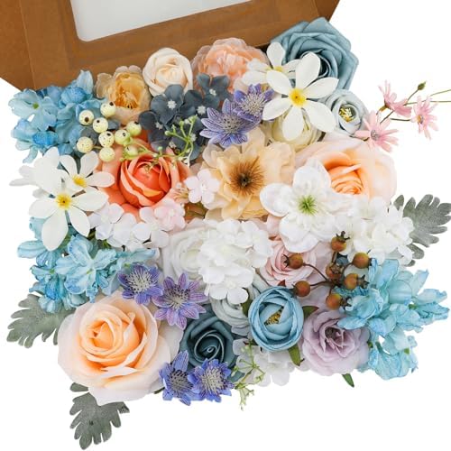 Floweroyal Artificial Flowers Combo Fairy Blue Flowers Mix Silk Flowers Fake Roses with Stems for DIY Wedding Bridal Bouquets, Baby Shower, Floral Arrangement, Table Centerpieces, Home Decorations.